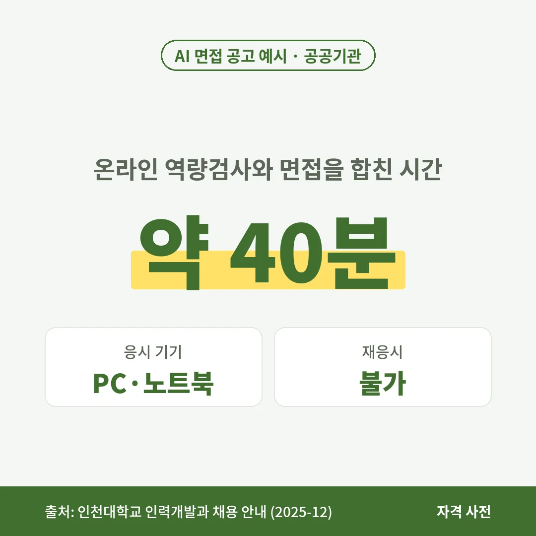 공공기관 AI 면접 공고 예시에서 온라인 역량검사와 면접은 약 40분이었고 PC·노트북으로만 보며 다시 볼 수 없었어요.